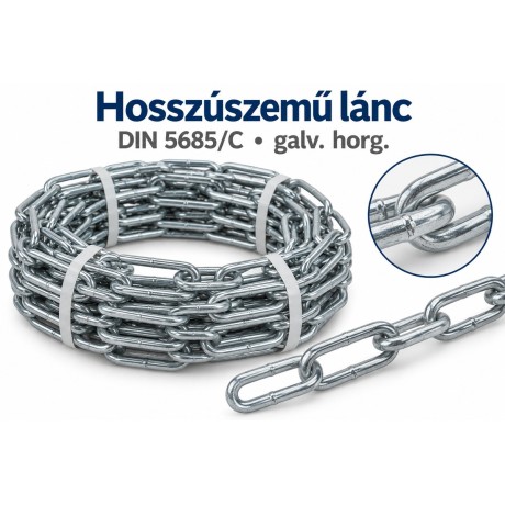 Hosszúszemű lánc – DIN 5685/C, galv. horg.