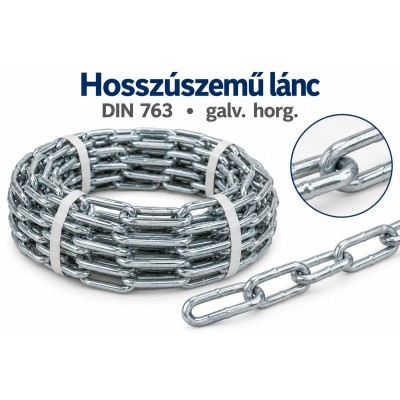 Hosszúszemű lánc – DIN 763, galv. horg.