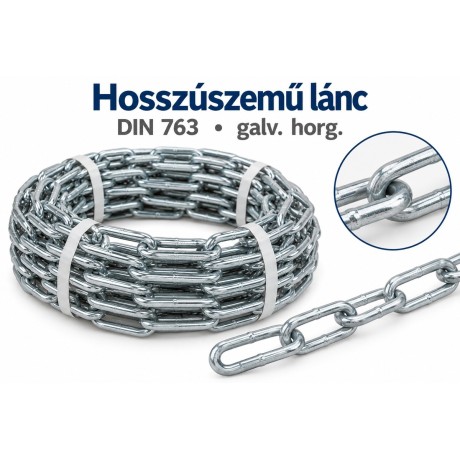 Hosszúszemű lánc – DIN 763, galv. horg.