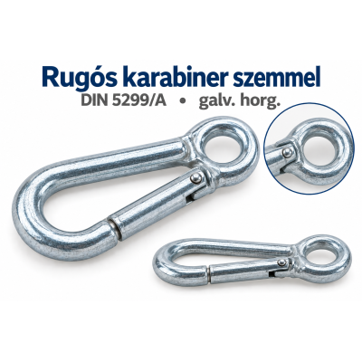 Rugós karabiner szemmel – DIN 5299/A, galv. horg.