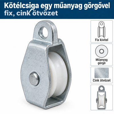 Kötélcsiga egy műanyag görgővel – fix, cink ötvözet