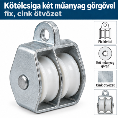 Kötélcsiga két műanyag görgővel – fix, cink ötvözet