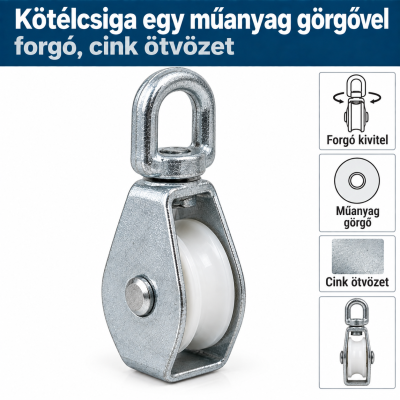 Kötélcsiga egy műanyag görgővel – forgó, cink ötvözet