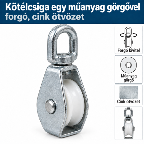 Kötélcsiga egy műanyag görgővel – forgó, cink ötvözet