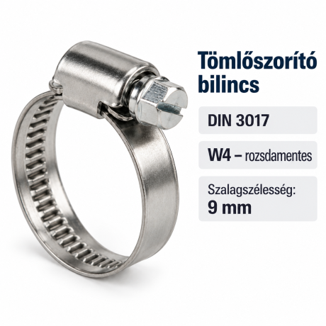 Tömlőszorító bilincs – DIN 3017, W4 rozsdamentes, 9 mm
