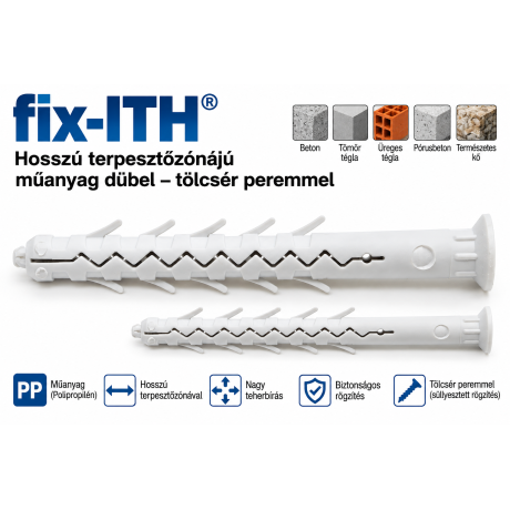 fix-ITH hosszú terpesztőzónájú műanyag dübel – tölcsér peremmel
