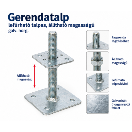 Gerendatalp – lefúrható talpas, állítható magasságú, galv. horg.