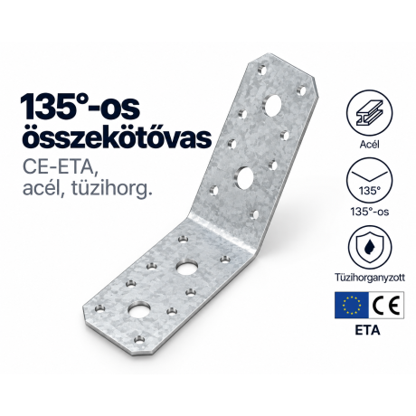135°-os összekötővas, CE-ETA, acél, tüzihorg.