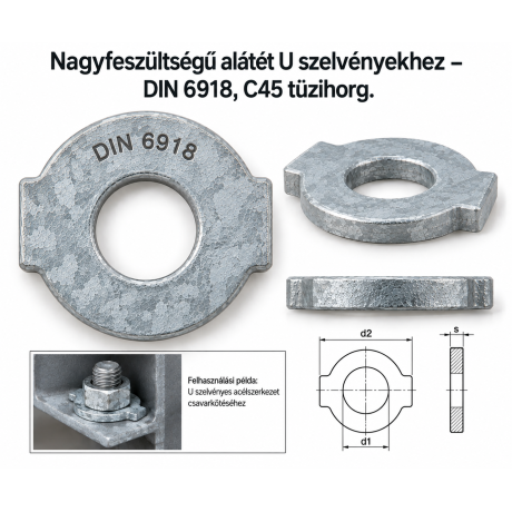 Nagyfeszültségű alátét U szelvényekhez – DIN 6918, C45 tüzihorg.