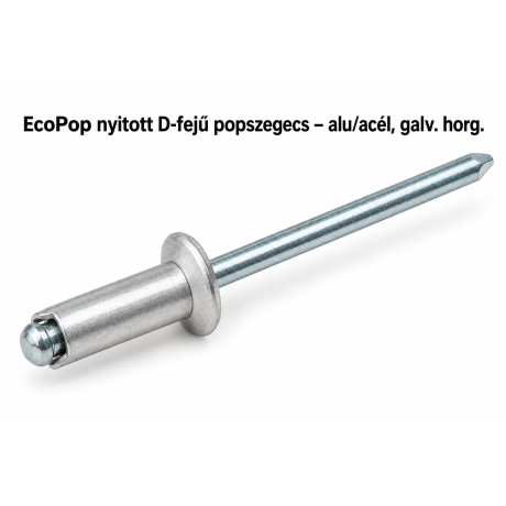 EcoPop nyitott D-fejű popszegecs – alu/acél, galv. horg.