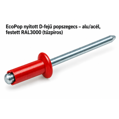 EcoPop nyitott D-fejű popszegecs – alu/acél, festett RAL3000 (tűzpiros)