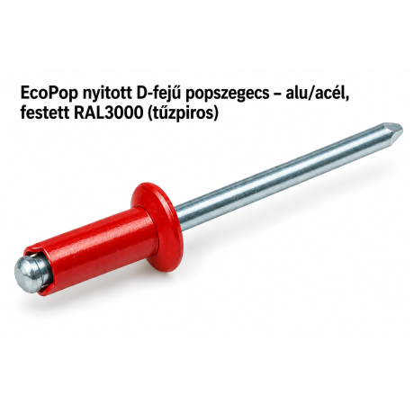 EcoPop nyitott D-fejű popszegecs – alu/acél, festett RAL3000 (tűzpiros)