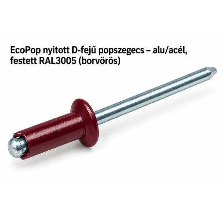 EcoPop nyitott D-fejű popszegecs – alu/acél, festett RAL3005 (borvörös)