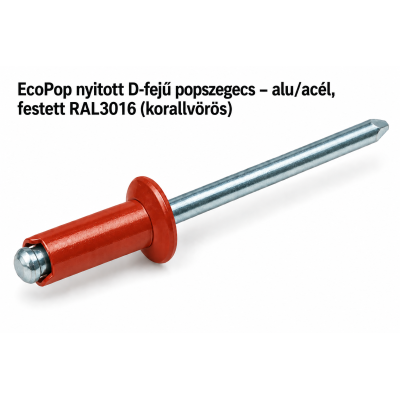 EcoPop nyitott D-fejű popszegecs – alu/acél, festett RAL3016 (korallvörös)