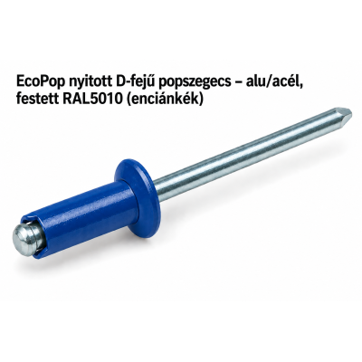 EcoPop nyitott D-fejű popszegecs – alu/acél, festett RAL5010 (enciánkék)