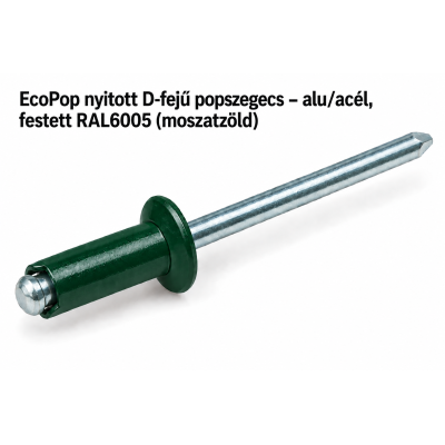 EcoPop nyitott D-fejű popszegecs – alu/acél, festett RAL6005 (moszatzöld)