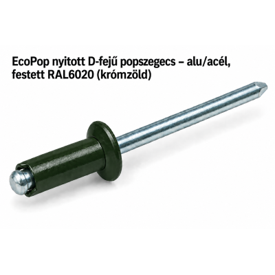 EcoPop nyitott D-fejű popszegecs – alu/acél, festett RAL6020 (krómzöld)