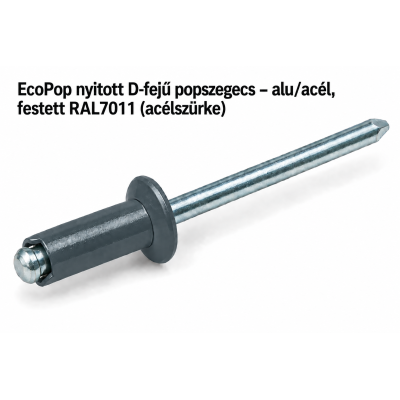 EcoPop nyitott D-fejű popszegecs – alu/acél, festett RAL7011 (acélszürke)