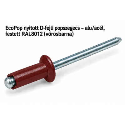 EcoPop nyitott D-fejű popszegecs – alu/acél, festett RAL8012 (vörösbarna)
