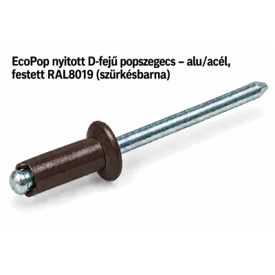 EcoPop nyitott D-fejű popszegecs – alu/acél, festett RAL8019 (szürkésbarna)