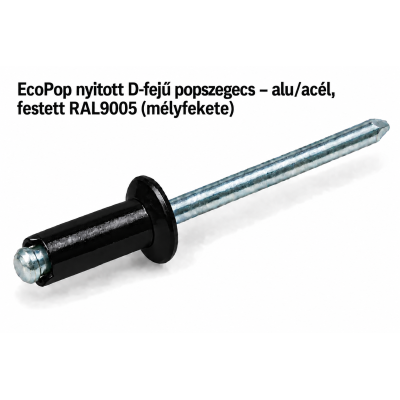 EcoPop nyitott D-fejű popszegecs – alu/acél, festett RAL9005 (mélyfekete)