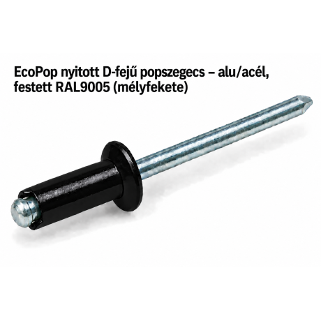 EcoPop nyitott D-fejű popszegecs – alu/acél, festett RAL9005 (mélyfekete)
