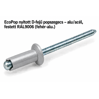 EcoPop nyitott D-fejű popszegecs – alu/acél, festett RAL9006 (fehér-alu.)
