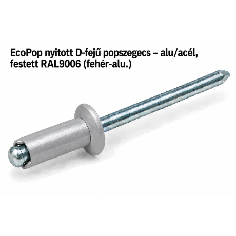 EcoPop nyitott D-fejű popszegecs – alu/acél, festett RAL9006 (fehér-alu.)