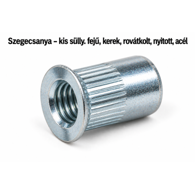 Szegecsanya – kis sülly. fejű, kerek, rovátkolt, nyitott, acél