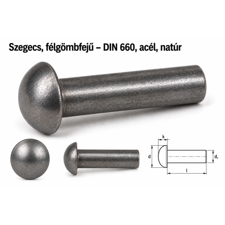Szegecs, félgömbfejű – DIN 660, acél, natúr