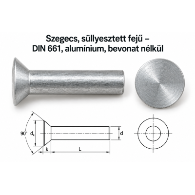 Szegecs, süllyesztett fejű – DIN 661, alumínium, bevonat nélkül