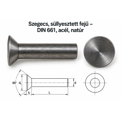 Szegecs, süllyesztett fejű – DIN 661, acél, natúr