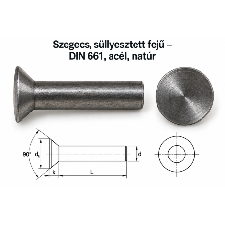 Szegecs, süllyesztett fejű – DIN 661, acél, natúr
