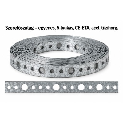 Szerelőszalag – egyenes, 5-lyukas, CE-ETA, acél, tüzihorg.