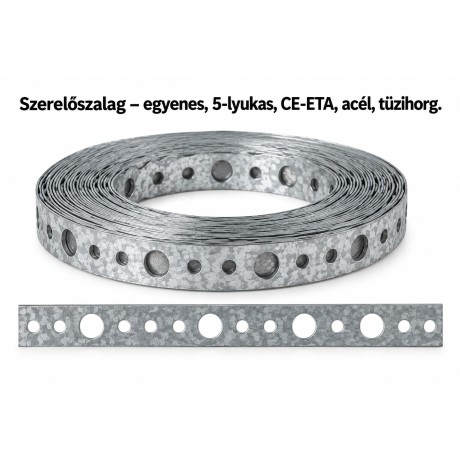 Szerelőszalag – egyenes, 5-lyukas, CE-ETA, acél, tüzihorg.