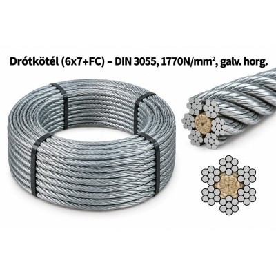 Drótkötél (6x7+FC) – DIN 3055, 1770N/mm², galv. horg.